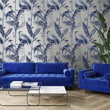 Image of Belgravia Azzura Leaf Navy Blue Metallic Silver Tropical Birds Leaf Wallpaper