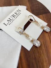 Image of Lauren Ralph Lauren Gold Tone Clear Stone Drop Earrings, new with pouch and tag