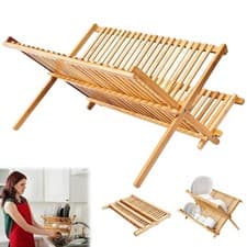 Image of 2 Tier Bamboo Dish Drainer Foldable Wooden Plate Drying Rack Kitchen Organiser