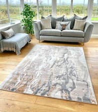 Image of Beige Cream Grey CopperTide Shimmer Sheen Effect Modern Rug Silky Soft Mat