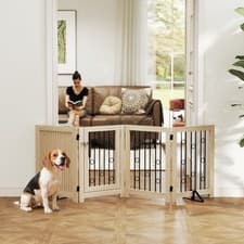 Image of Freestanding Pet Gate, 4 Panel Foldable Dog Barrier with Lockable Door, Oak