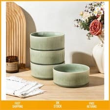 Image of Elegant Handmade Ceramic Cereal Soup Salad Bowls Reactive Glaze Green Set of 4