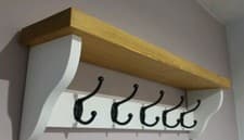 Image of Wooden Coat Rack With Shelf, 5 Black Double Hooks, Medium Oak Wax, All White