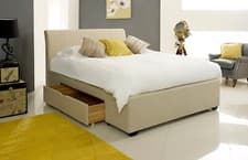 Image of Beige Fabric Bed with 2 Large Storage Drawers on either side of the bed.