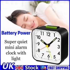 Image of Quartz Alarm Clock With Night Light No Tick Snooze Silent Small Bedside Clock UK