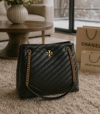 Image of NEW Tory Burch Kira Chevron Black Quilted Leather Chain Strap Shopper Tote Bag