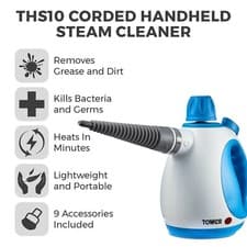 Image of Tower Handheld Steam Cleaner, Includes Accessories, 250ml, 1050w, THS10 Blue