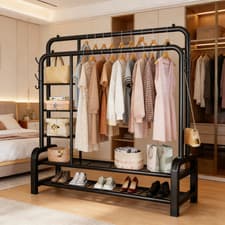Image of Heavy Duty Double Clothes Rail 120KG Load Clothes Rack for Bedroom Open Wardrobe