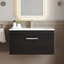 Image of Nuie Athena Wall Hung 1-Drawer Vanity Unit with Basin 2 Charcoal Woodgrain 800mm