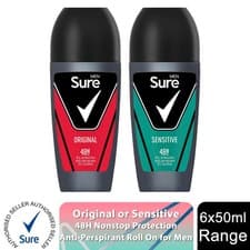 Image of Sure Men Antiperspirant 48H Protection Roll On Deo Original or Sensitive, 6x50ml