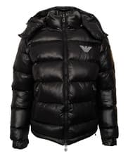 Image of Emporio Armani Puffer Jacket in Black With removable hood Coat Length Short