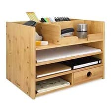 Image of Bamboo Desk Organizer - Wood Desktop Storage Drawers and Compartments