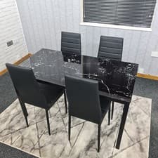 Image of Black Dining Table set and 4 Black Chairs Marble Effect Glass Kitchen Set of 4
