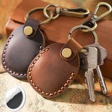 Image of Airtag Case Keyring Genuine Leather Brass Key Tags Apple Airtag HolderOpens