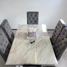 Image of 1.5m White Marble Chrome Dining Table with 6 Lion Knocker Chairs Dark Grey Set