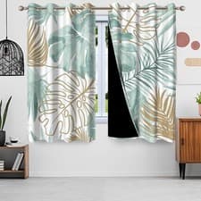 Image of Blackout Curtains Tropical Palm Leaf White Green Grommet 2 Pcs 140x245cm Thermal