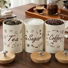 Image of Tea Coffee Sugar Canisters Set of 3 Airtight Metal Kitchen Storage Tins