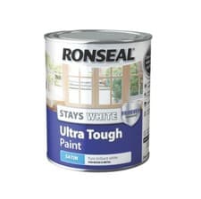 Image of Ronseal Stays White Ultra Tough WHITE SATIN Wood Paint 750ml 2.5L