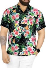 Image of HAPPY BAY Mens Hawaiian Short Sleeve Button Down Shirts M Garland Lei, Black