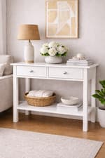 Image of 2 Drawer Console Table-White Bedroom Hallway Table with Storage Shelf