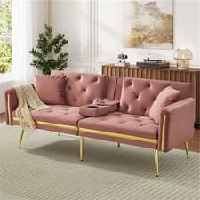 Image of 3 Seater Sofa Bed with Adjustable Backrest Gold Accents Built-in Cup Holder Pink