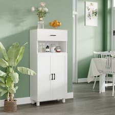 Image of Freestanding Kitchen Storage Cabinet w/ Cupboard, Drawer, Open Counter, White