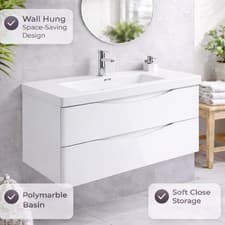 Image of 900mm White Gloss Wall Hung Vanity Unit & Basin 2 Drawer Bathroom Cabinet