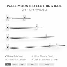 Image of 25mm Wall Mounted Clothes Rail Chrome Garment Hanging Bar
