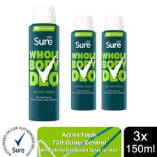 Image of Sure Men Whole Body Deodorant Spray Active Fresh w/ 72H Odour Control 150ml, 3pk