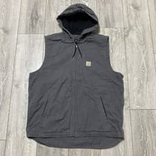 Image of Carhartt Washed Duck Fleece Lined Knoxville Hooded Vest Mens Grey BNWT (N08)