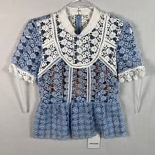 Image of Self-Portrait Petal Panelled Lace Peplum Top Women's Size 4 Blue White Trim NWT