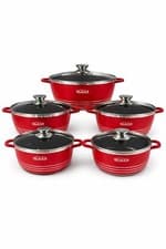 Image of Red 5 Piece Ceramic Die-Cast Non-Stick Cookware Set 20 24 28 32cm Induction