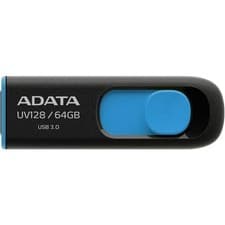 Image of Adata UV128 64GB USB 3.2 Gen 1 Flash Drive, Capless Design, Black/Blue