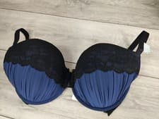 Image of New Boux Avenue Black Blue Leah Pleat Plunge Bra Underwired Push Up UK 32G