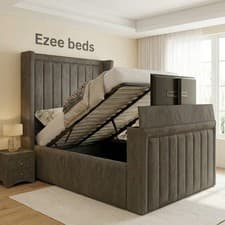 Image of Winged Panel Upholstered TV Bed Frame in Plush Velvet Fabric Double & King Size