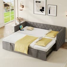 Image of Daybed Linen Upholstered Bed 3ft Single Bed Guest Bed Sofa Bed with Trundle Grey