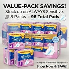 Image of 8X Always Sensitive Long Size 2 Sanitary Towels With Wings 12 Pack