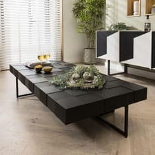Image of Modern Black Coffee Table Large Living Room Oak Wood Metal Legs 165x75cm
