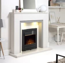 Image of WHITE MARBLE STONE GREY FIREPLACE BLACK ELECTRIC FIRE SURROUND DOWN LIGHTS COAL