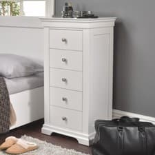 Image of Tallboy Chest of 5 Drawers Metal Handles Bedroom Furniture - Jolie White