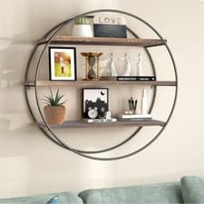 Image of 3 Layer Floating Wall Shelves Wood Geometric Decor Shelf Iron Frame Fit Bathroom