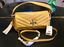 Image of $548 TORY BURCH Kira Chevron Yellow Flap Shoulder Bag Leather Chain Strap Tassel