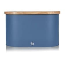 Image of Swan Nordic Blue Bread Bin with Bamboo Cutting Board Lid. Scandinavian Design