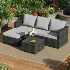 Image of BIRCHTREE Rattan Garden Furniture Set Corner Sofa Glass Table Patio 5 Pieces 01