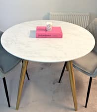 Image of Stylish Round Marble-Effect Dining Table + 2 Grey Velvet Chairs + Cushions, Like
