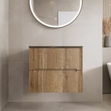 Image of 600mm Bathroom Vanity Unit Grey Marble Countertop Wall Hung Fluted Oak Unit