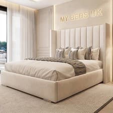 Image of Ottoman Winged Panel Bed Frame Plush Velvet Upholstered Gas Lift Storage Double