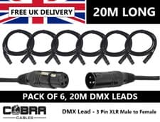 Image of 6 x DMX Leads 20m - 3 Pin XLR Male to Female- High Quality Connectors & Cable
