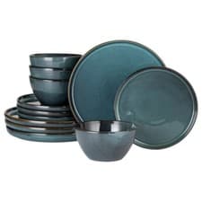 Image of Green 12 Piece Dinner Set Stoneware Reactive Glaze Plates Bowl Set Service for 4