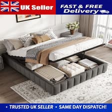 Image of 4ft6 Double Ottoman Storage Bed Frame Grey Linen Hydraulic Lift No Headboard